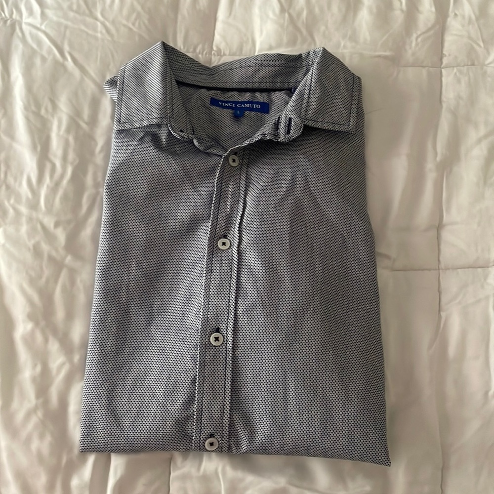 Navy and white short sleeve men’s button up.